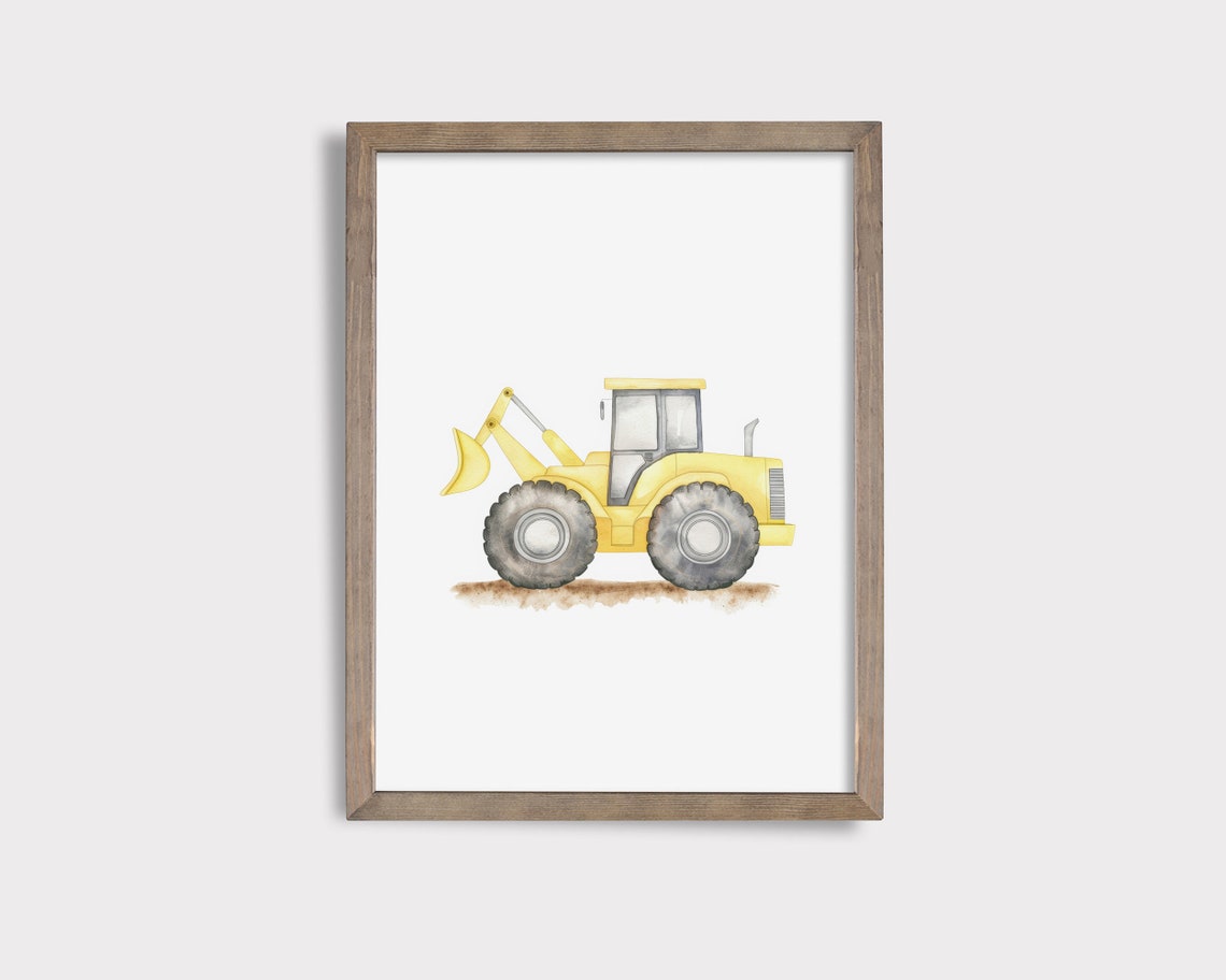 Yellow Wheel Loader Watercolor Poster, Kids Construction Decor