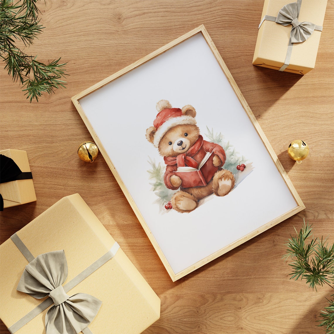 Christmas Teddy Bear Reading Book In Cozy Red Scarf Holiday Poster - Image 2