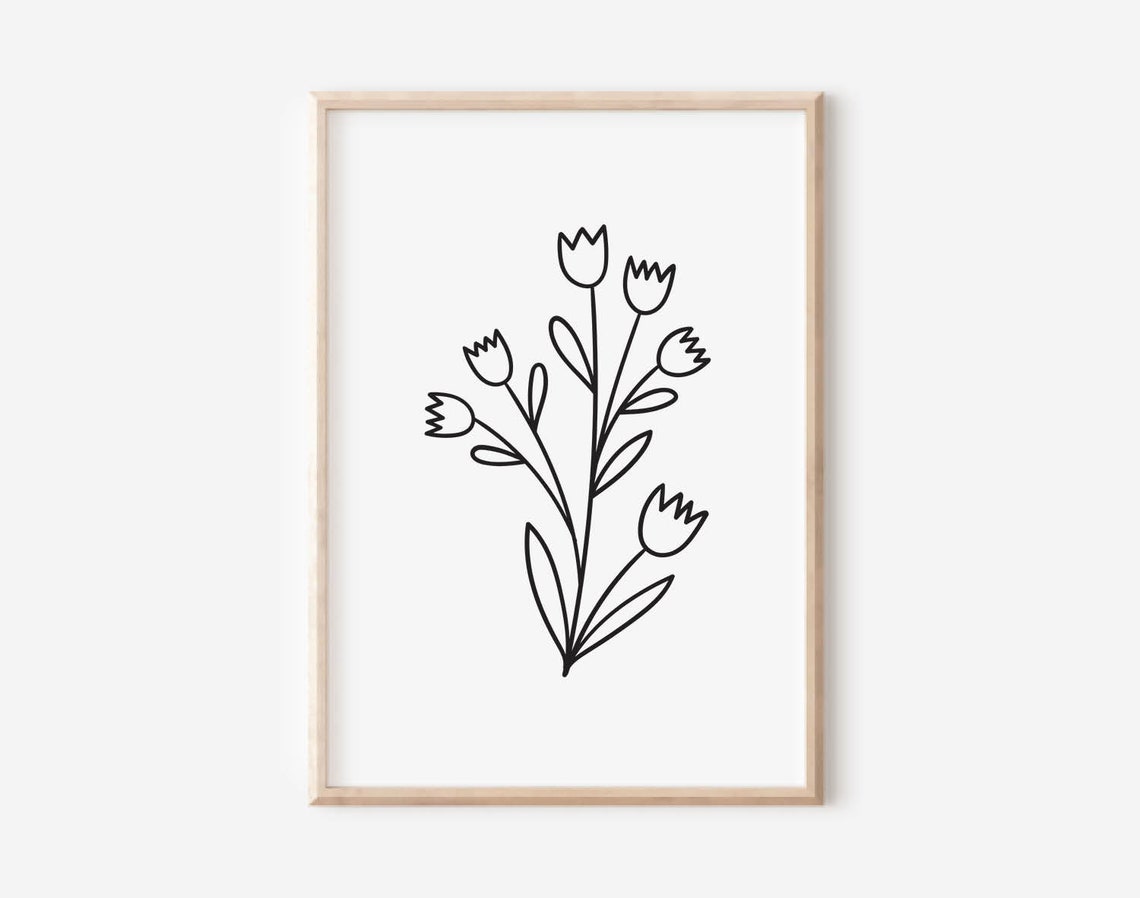 Minimalist Black Line Drawing Tulips Simple Elegant Botanical Print