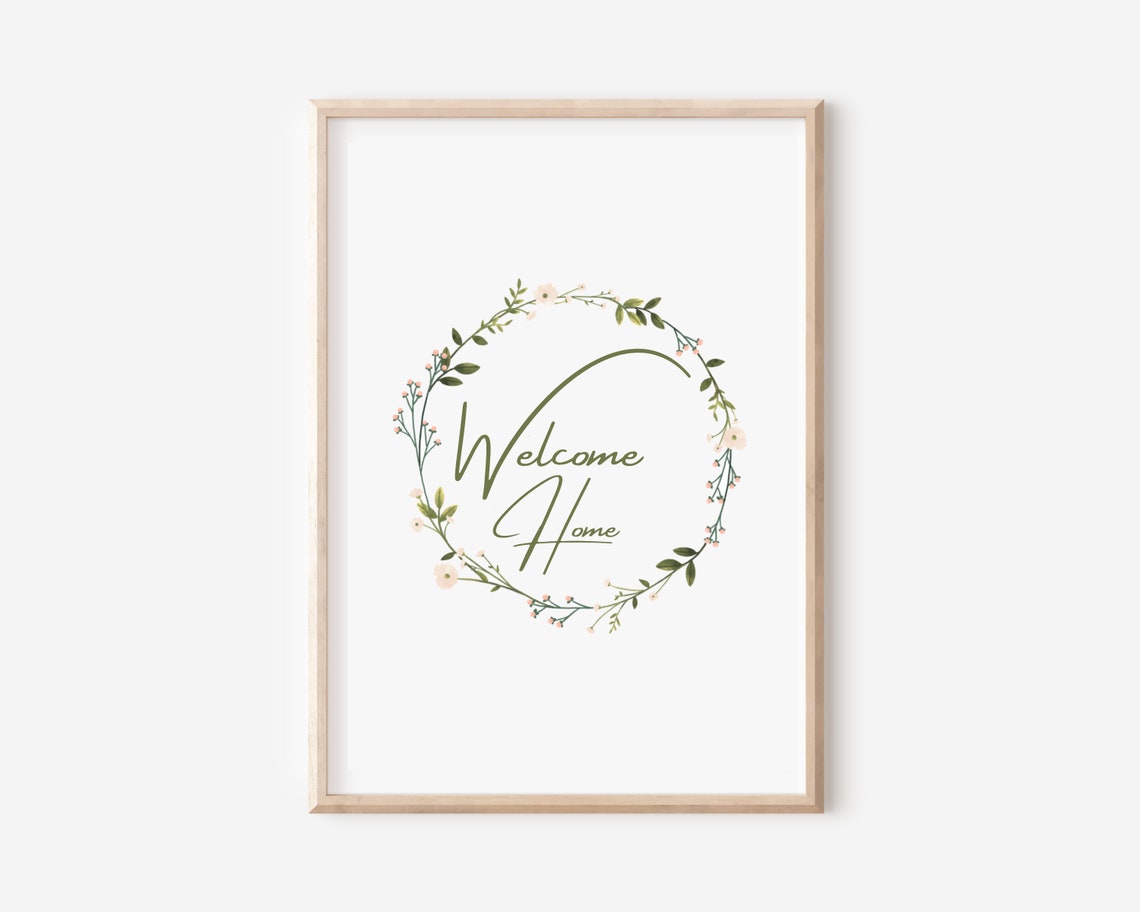 Welcome Home Floral Wreath Botanical Script Typography Wall Art - Image 3