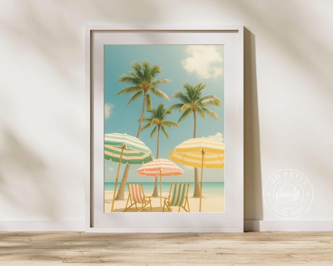 Retro Beach With Colorful Umbrellas And Palm Trees Summer Poster