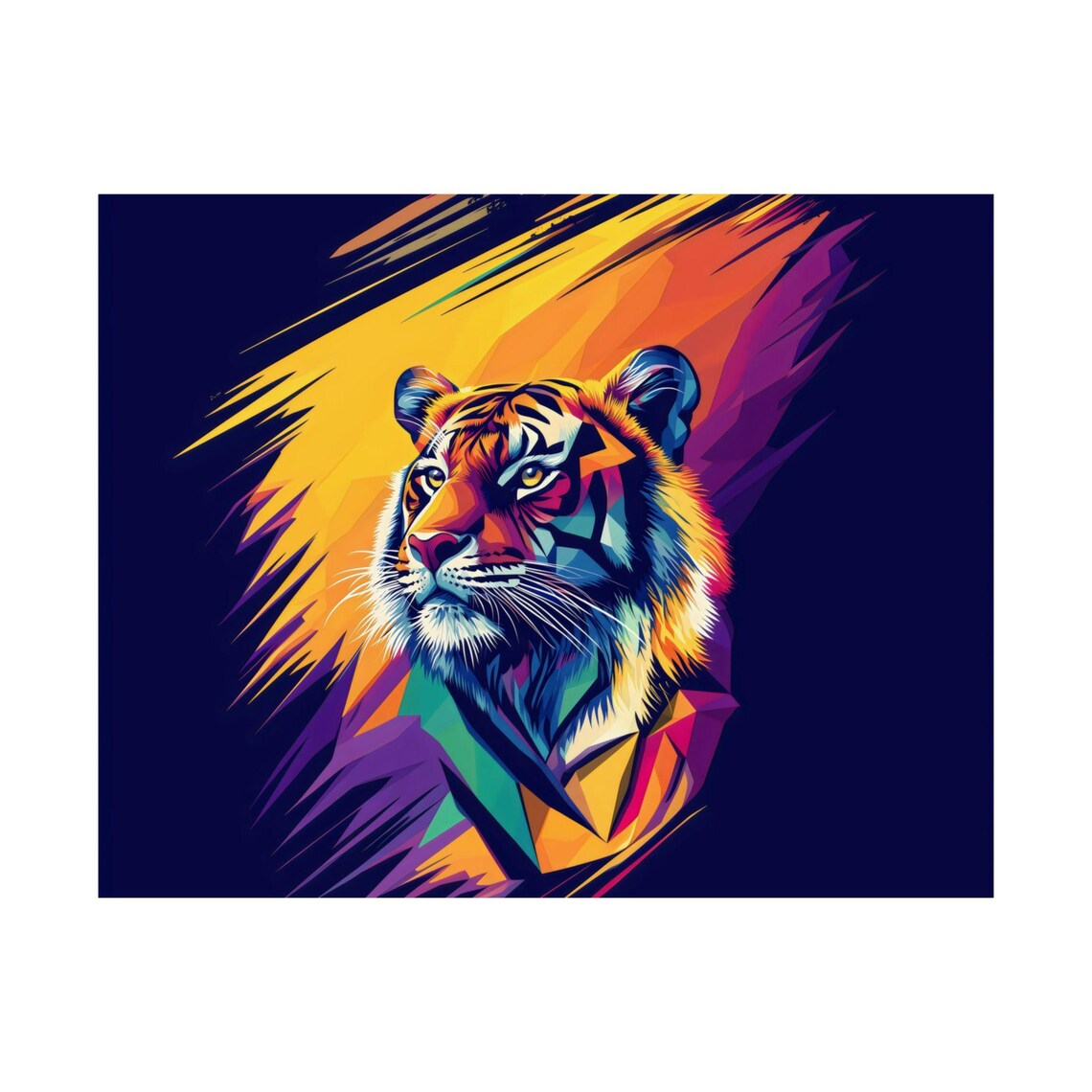 Tiger Head Geometric Pop Art Portrait Fierce Eyes Navy Background Jungle Poster - Image 3