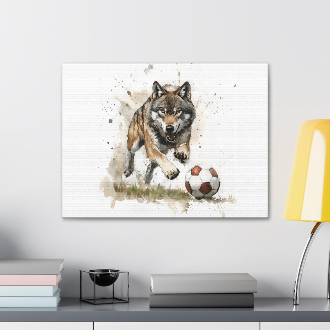 Gray Wolf Chasing Soccer Ball Watercolor Painting Wild Canine Sport Poster - Image 2