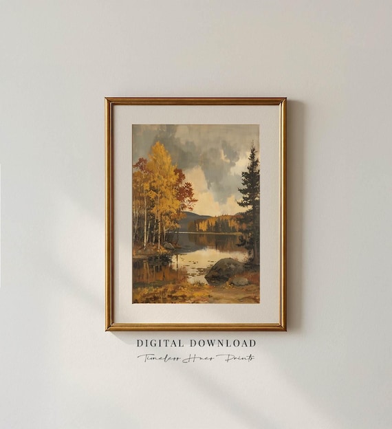Golden Aspen Lake Vintage Oil Painting Autumn Shoreline Scene Poster