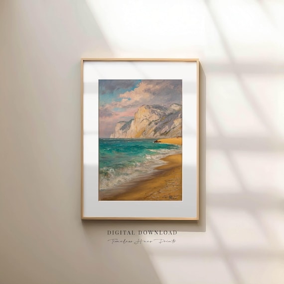 Impressionist Coastal Cliff Oil Painting Vintage Beach Wall Art