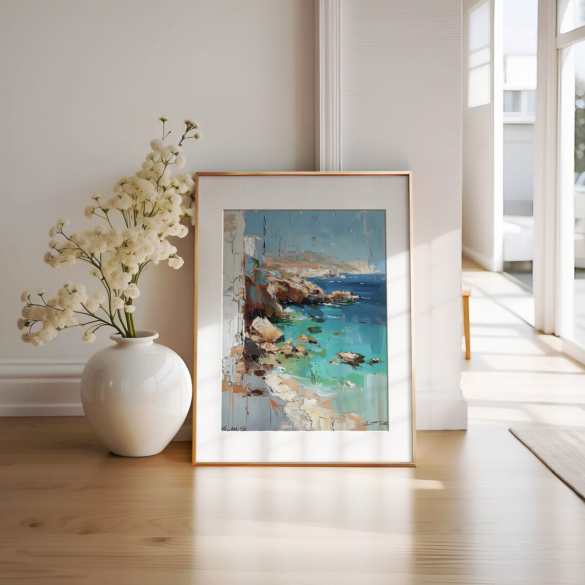 Rocky Coastal Impasto Painting Turquoise Sea White Houses Seascape Art Poster - Image 2