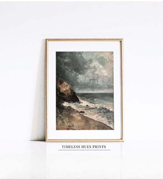 Stormy Ocean Painting Moody Textured Seascape Print Dark Coastal Wall Art Vintage Rustic Home Decor Seaside