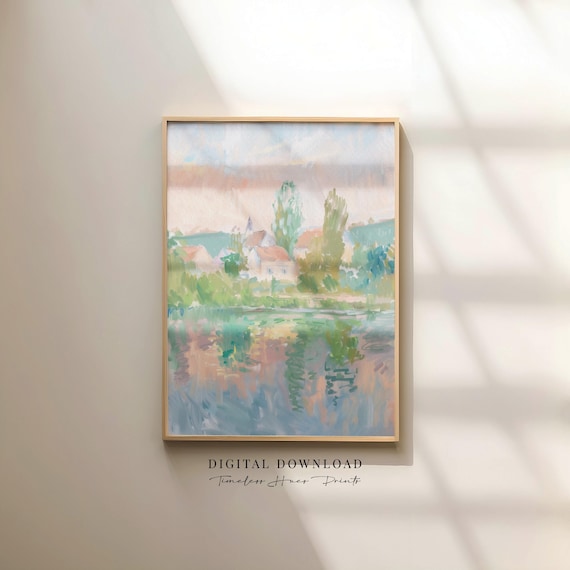 Pastel Riverside Village Painting Poster Soft Impressionist Water Art