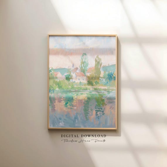 Pastel Sunset Lakeside Painting Vintage Impressionist Print Village Art French Country Decor Monet Style Wall