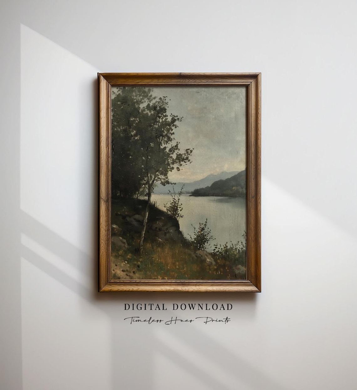 Moody Lake Landscape Vintage River Painting Misty Hills Art Poster
