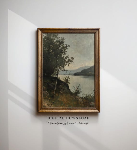 Moody Lake Landscape Vintage River Painting Misty Hills Art Poster