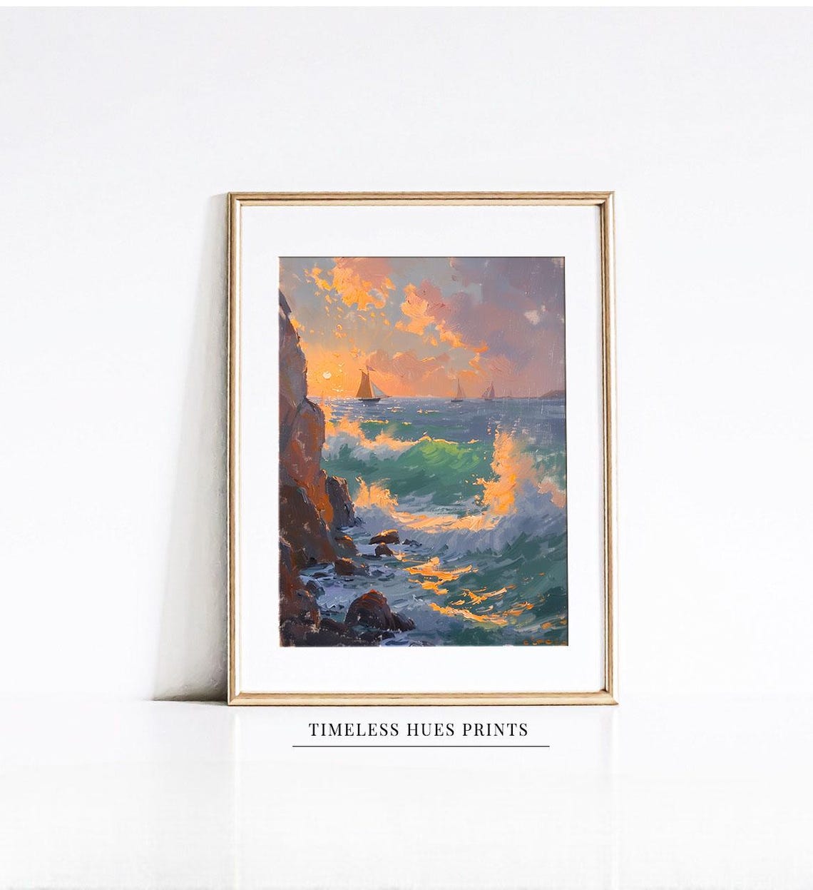 Sailboat Sunset over Golden Ocean Waves Rocky Cliff Seascape Poster