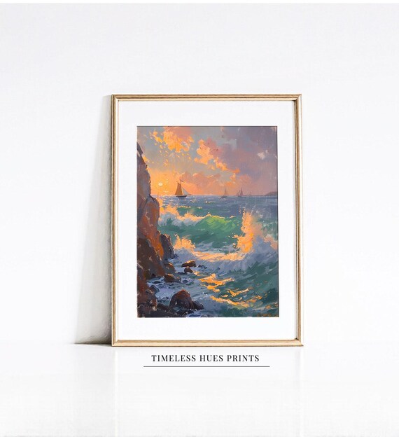 Sailboat Sunset Painting Sunset Coastal Art Moody Ocean Art Golden Hour Art Beach Decor Wave Painting Art