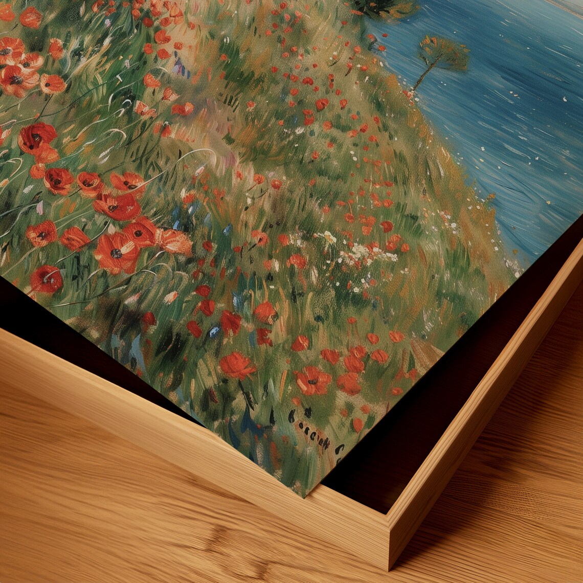 Coastal Poppy Meadow Landscape Painting Vintage Oil Painting Floral Field Art Wildflower Impressionist Wall Art Decor - Image 3
