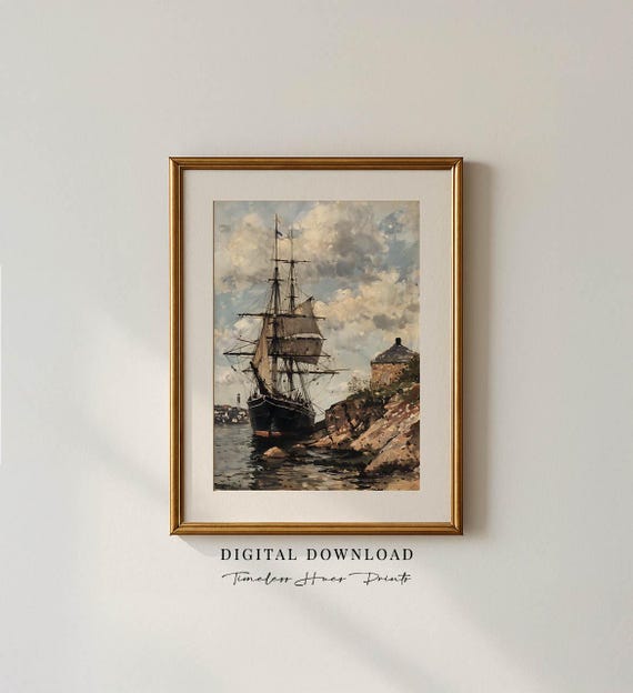 Vintage Ship Painting Moody Seascape Art Nautical Wall Decor Coastal Print Antique Boat Dark Academia