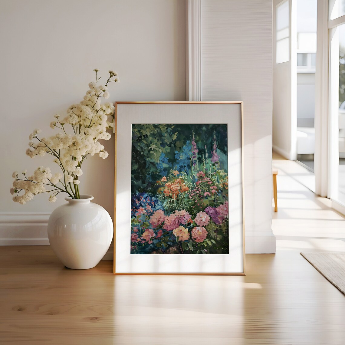 Spring Flower Garden Pink Blossoms Blue Delphinium Oil Poster - Image 2