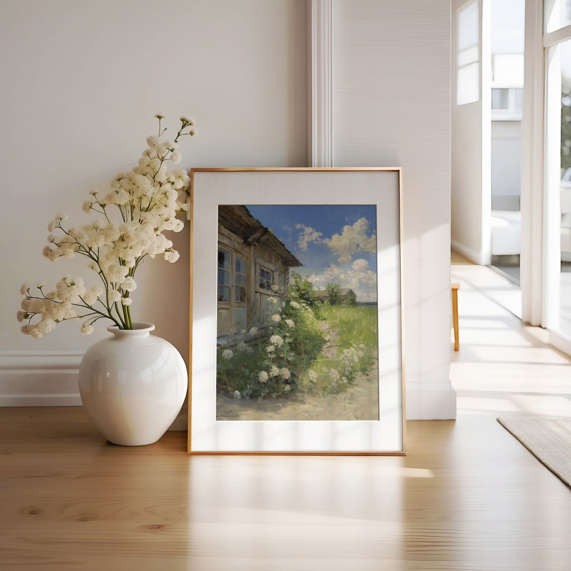 Old Wooden Cottage Surrounded by White Wildflowers Country Poster - Image 2