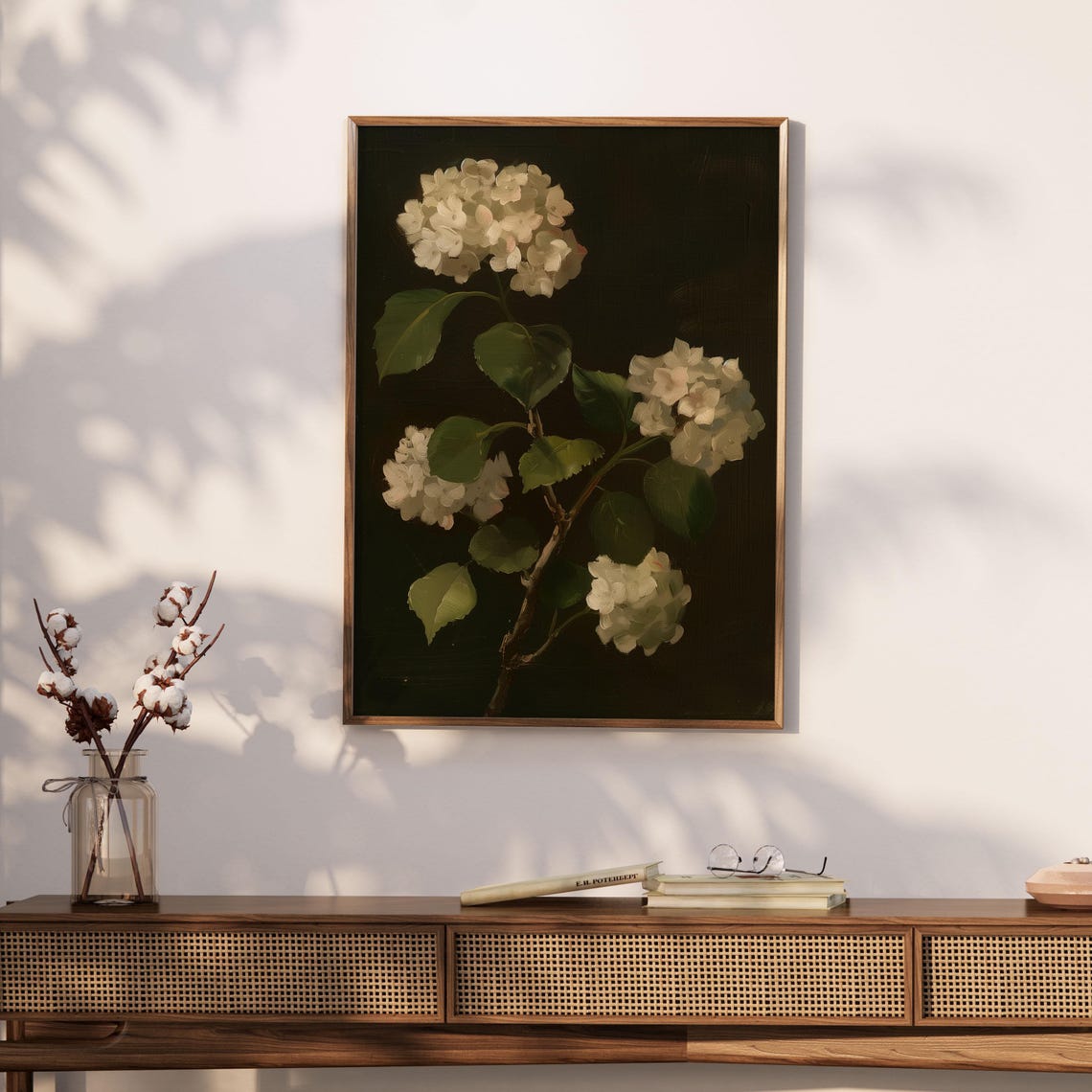 White Hydrangea Branch Dark Moody Botanical Floral Painting Poster - Image 2