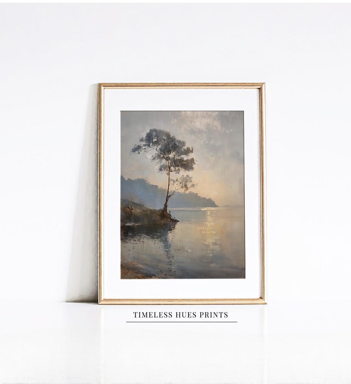 Lone Tree Misty Lake Moody Lakeside Sunrise Oil Painting Serene Poster