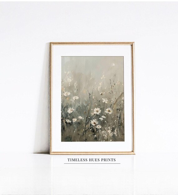 Moody Wildflower Painting White Daisies Wall Art Serene Wildflowers In The Fog Beige And Gray Floral Art