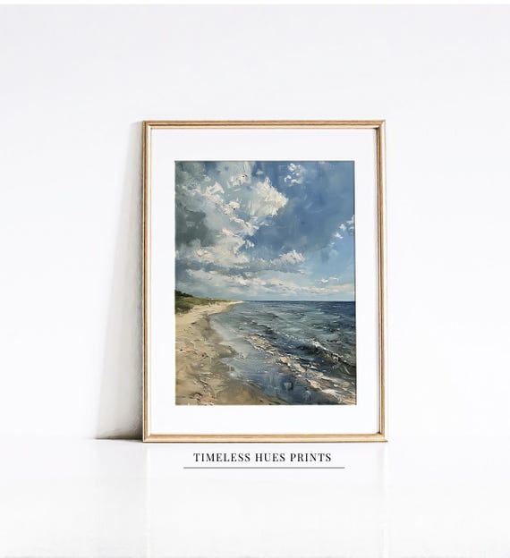 Textured Beach Painting Moody Impasto Ocean Art Coastal Seascape Dramatic Clouds For Modern House Decor