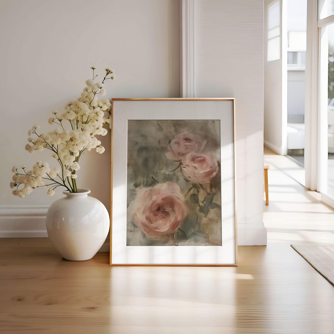 Muted Pink Rose Blooms Soft Vintage Floral Botanical Oil Poster