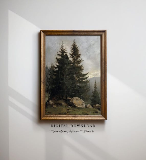 Pine Tree Oil Painting Moody Forest Print Vintage Dark Academia Decor Rustic Landscape Wall Art Antique Style