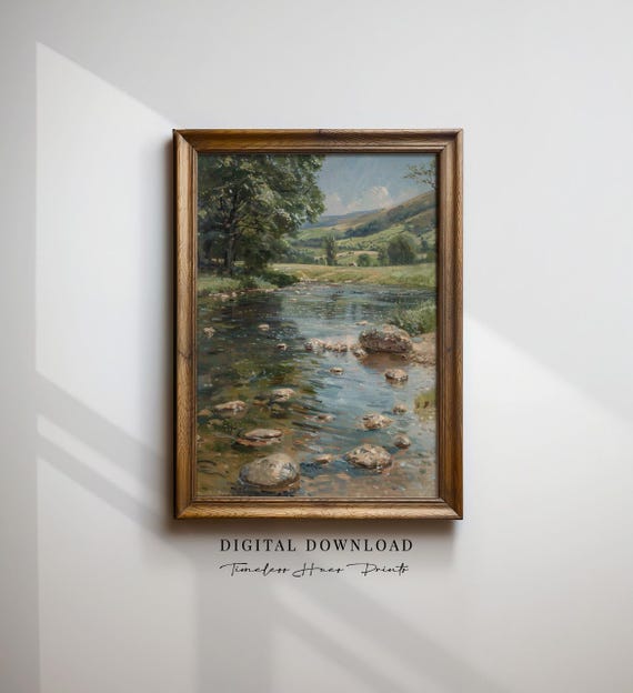 Rippling River Rocks Landscape Painting Vertical Nature Art 1205