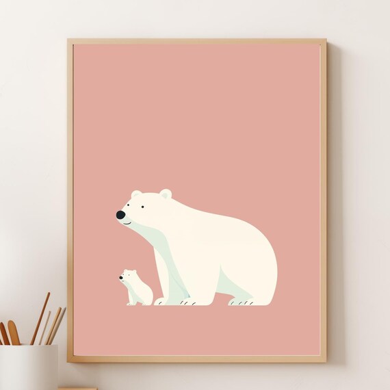 Mommy And Baby Polar Bear Walking Pink Background Nursery Poster