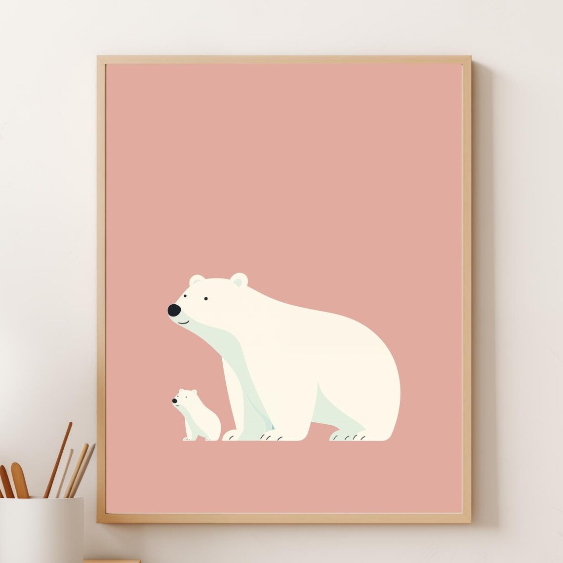 Mommy And Baby Polar Bear Walking Pink Background Nursery Poster