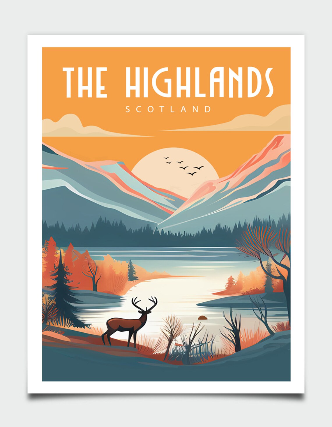 The Highlands Scotland Stag Lake Autumn Mountains Sunset Poster - Image 4