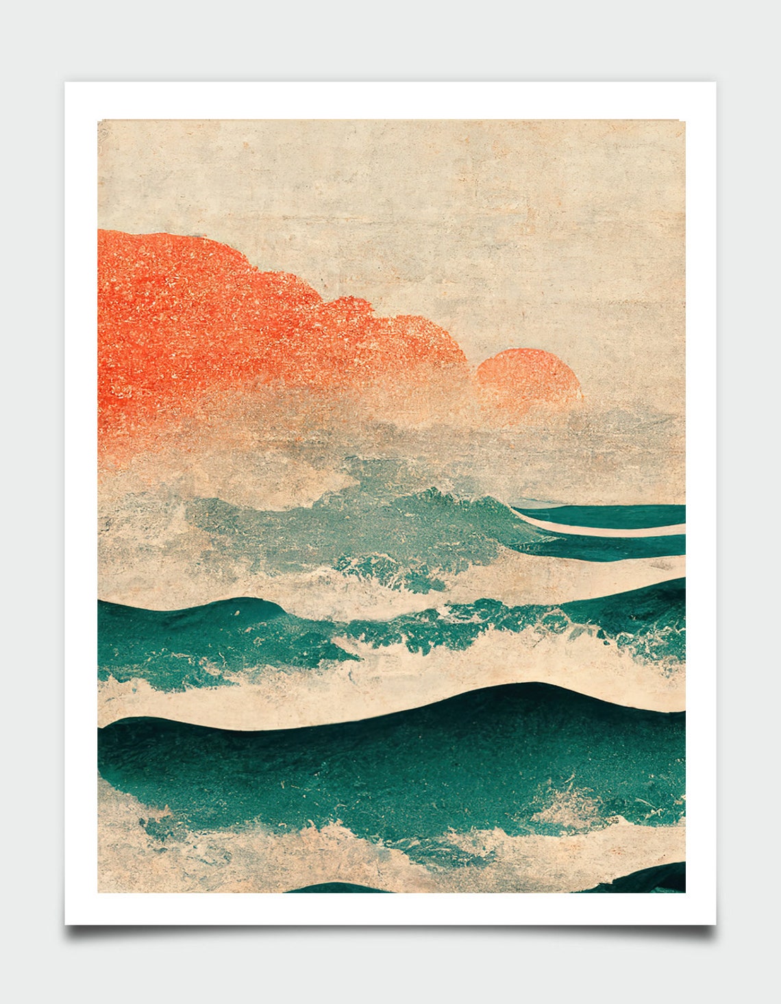 Japanese Wave Ocean Red Sun Vintage Texture Japandi Wall Art - Image 4