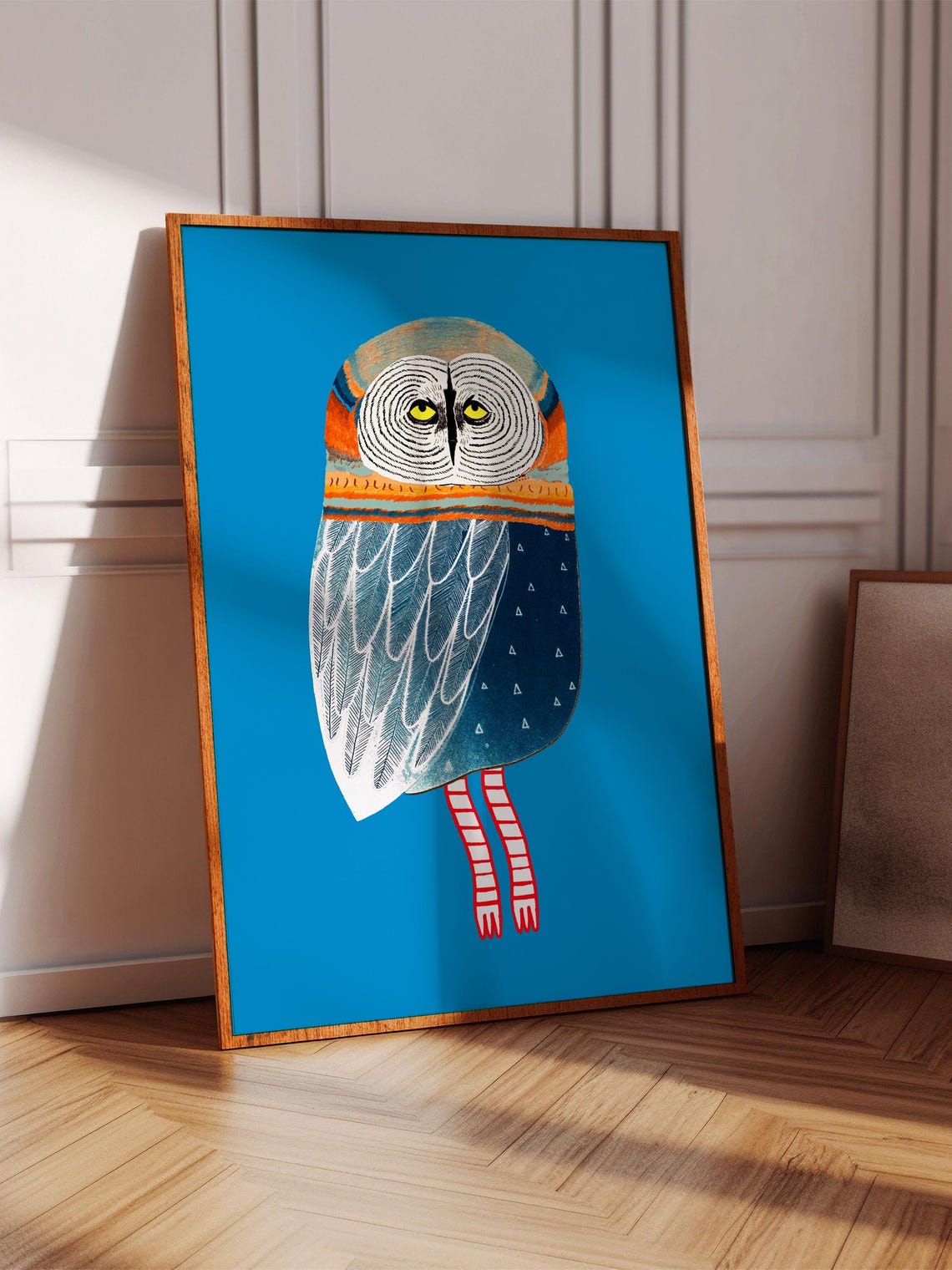 Tribal Patterned Owl on Bright Blue Bold Whimsical Art Poster