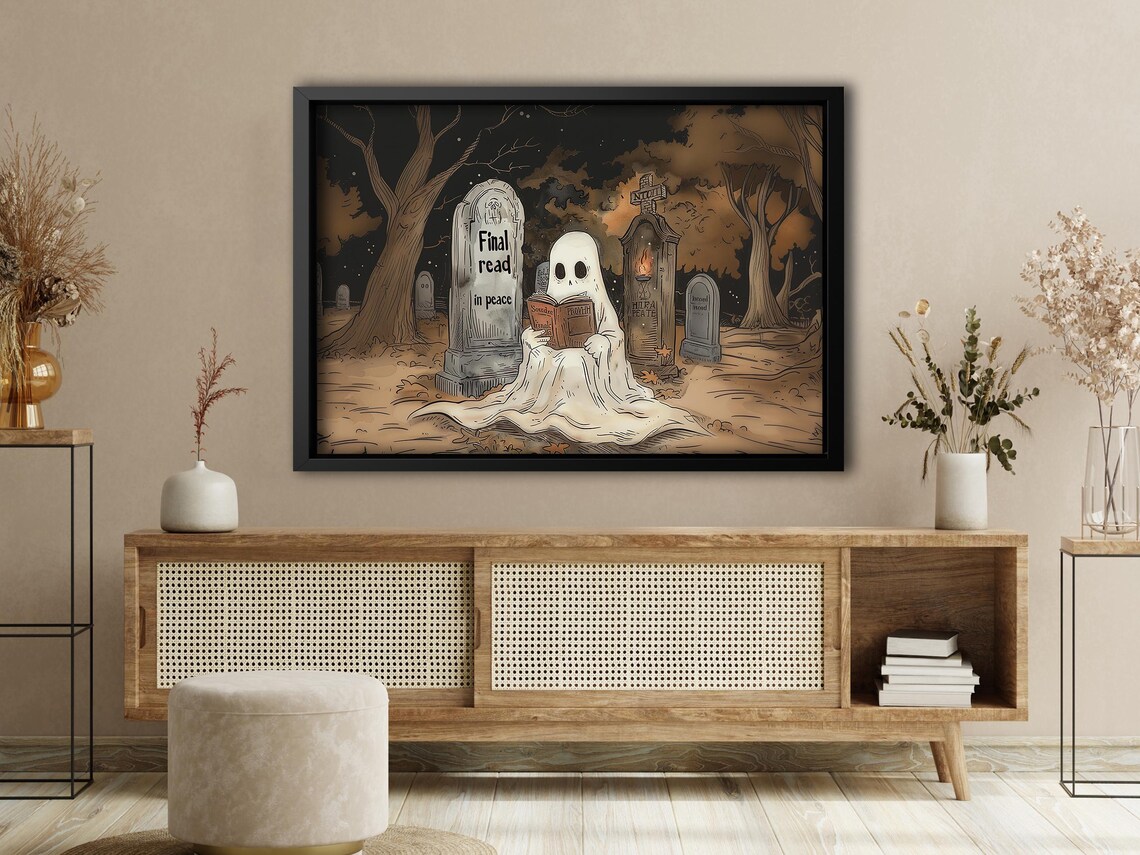 Cute Ghost Reading Final Read in Peace Cemetery Cartoon Halloween Poster - Image 4