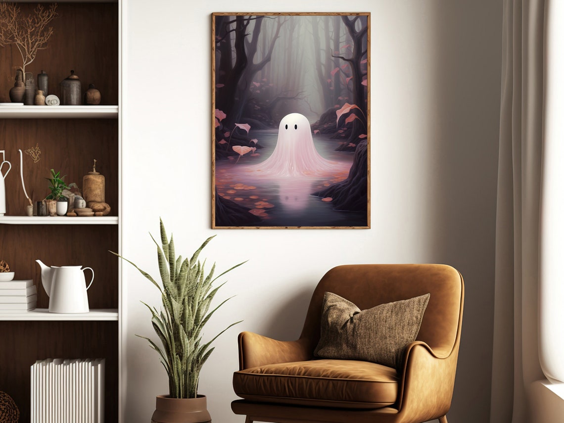 Pink Ghost Misty Forest Pond Dreamy Pastel Halloween Art Poster - Image 2
