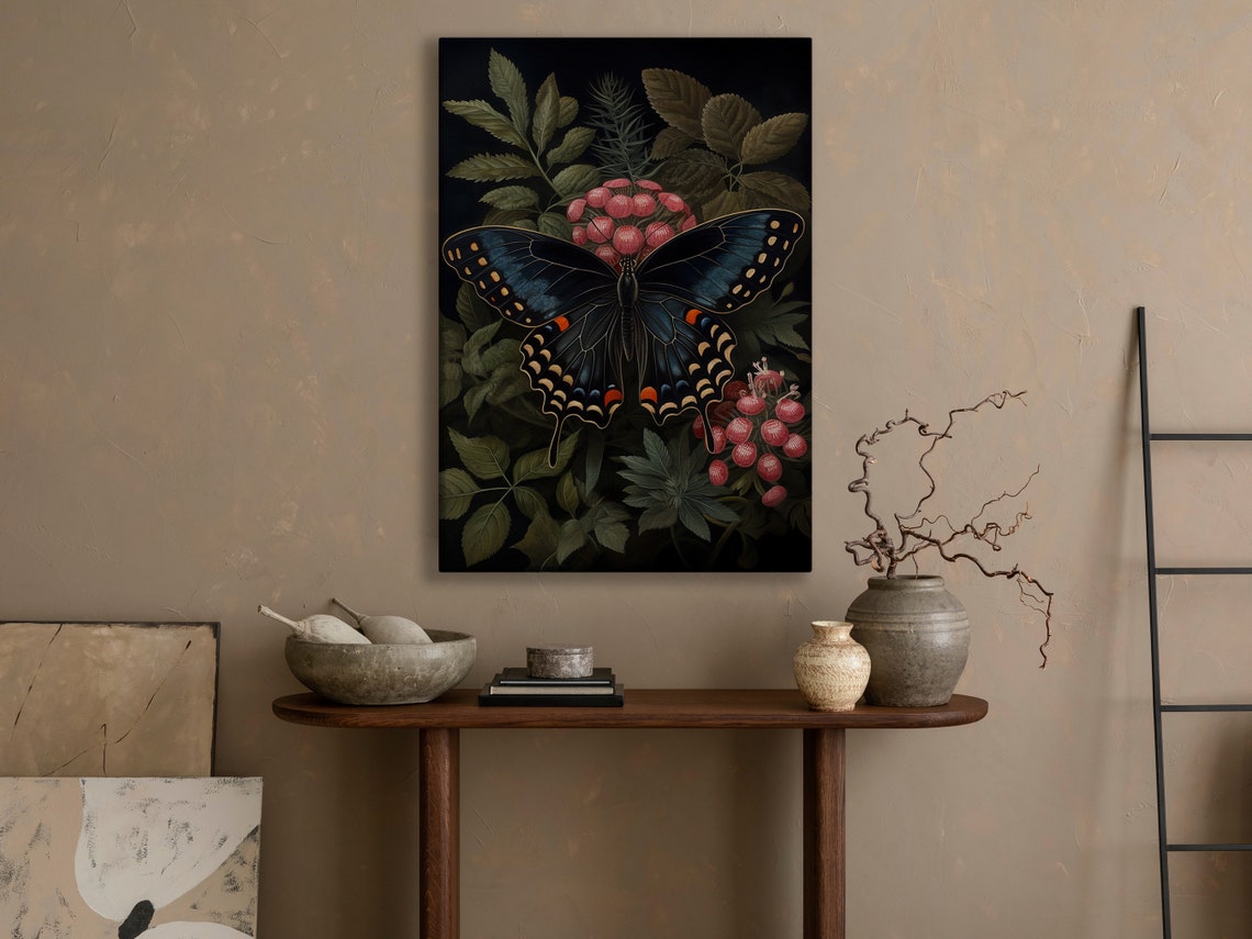 Black Swallowtail Butterfly With Pink Berries On Dark Botanical Print - Image 4
