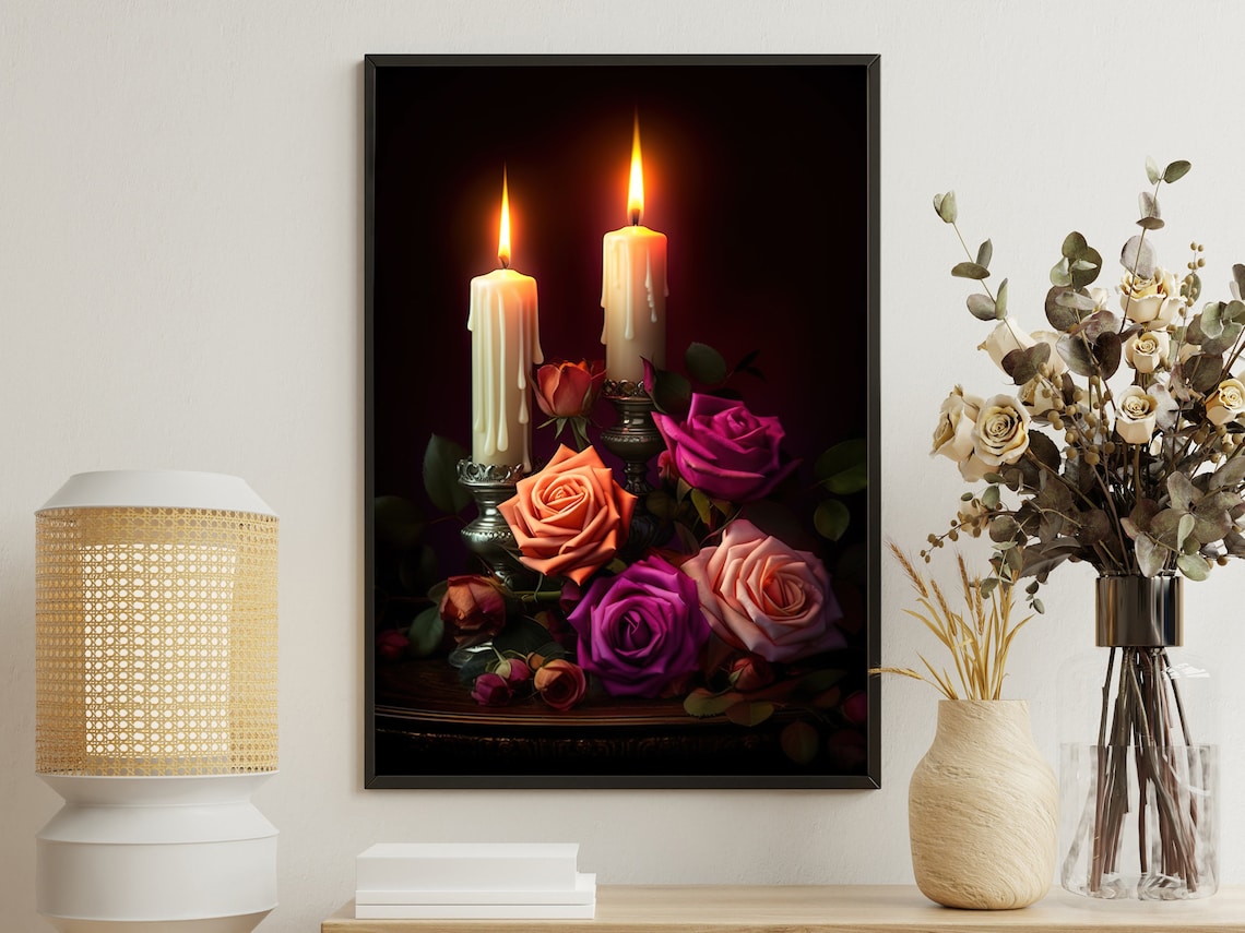 Burning Candles And Romantic Roses In Dark Candlelight Still Life Poster