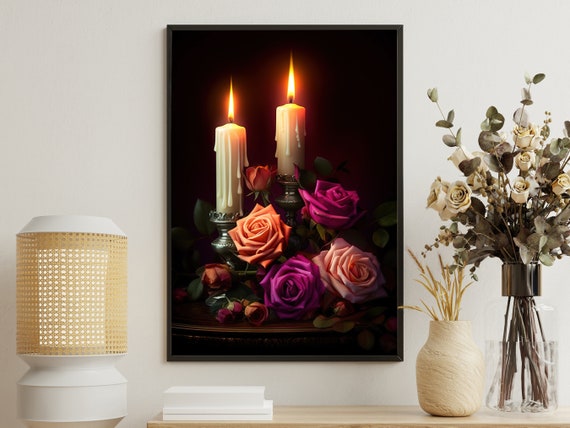 Vintage Candle Light Painting Retro Dark Flowers Art Print Candlelight Print Gothic Art Print Dark Academia Art Print