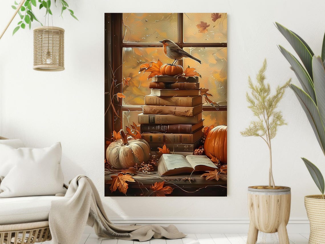 Autumn Books Pumpkins and Robin by Window Cozy Still Life Art Poster - Image 2