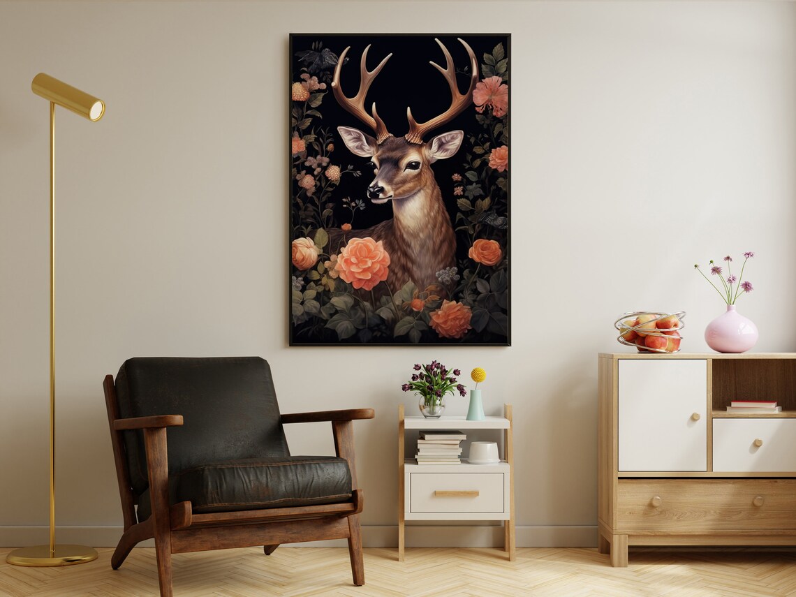 Majestic Stag Antlers Coral Flowers Dark Botanical Wildlife Art Poster - Image 4
