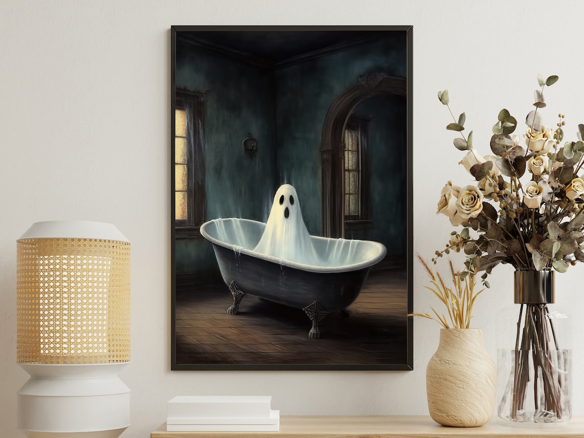Cute Ghost Taking Bath In Clawfoot Tub Vintage Spooky Gothic Bathroom Wall Art