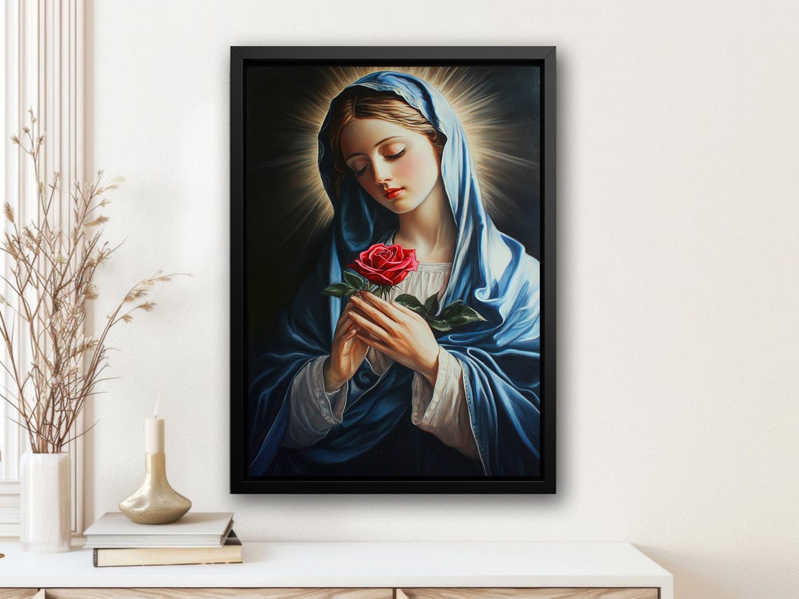 Virgin Mary Blue Veil Red Rose Halo Vintage Religious Painting Print - Image 3