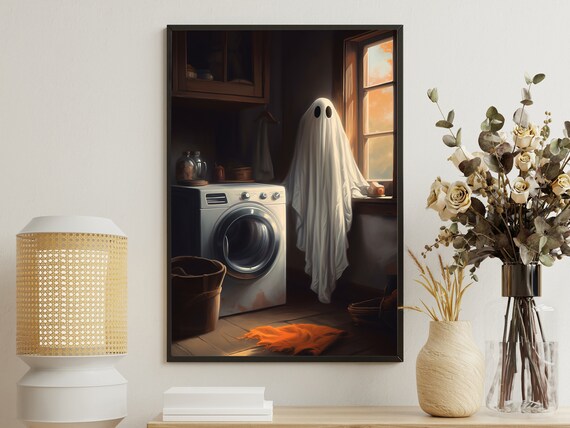 Cheerful Little Ghost Standing By The Washing Machine At Home Poster