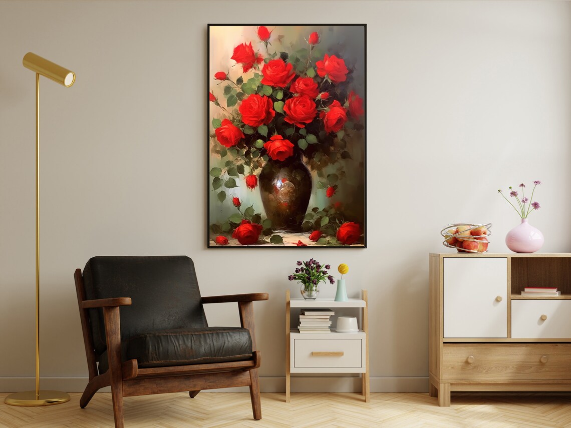 Vintage Rose Vase Painting, Retro Floral Art Print - Image 3