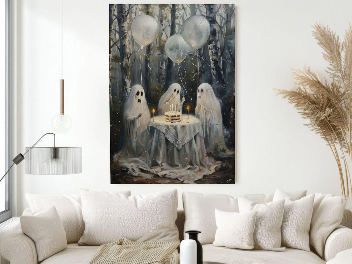 Three Ghosts Birthday Party in Birch Forest Cake Balloons Art Poster - Image 2
