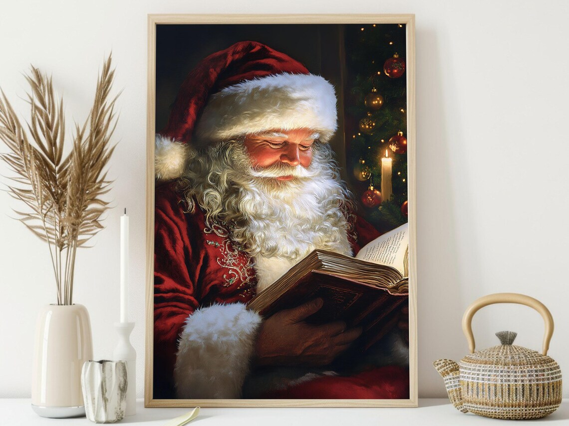 Vintage Santa Reading Book Christmas Art Print - Image 4