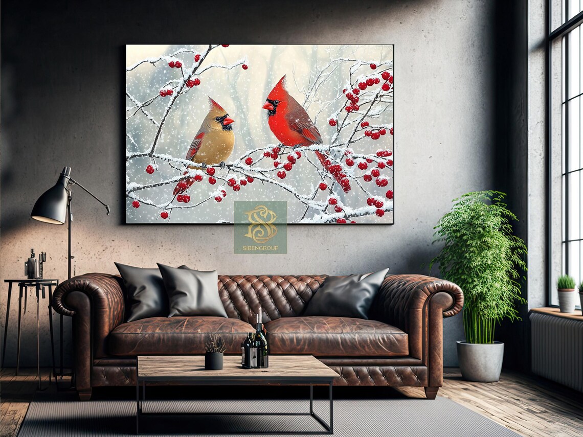 Pair Of Cardinals Snowy Berry Branches Winter Bird Painting Wall Art - Image 3