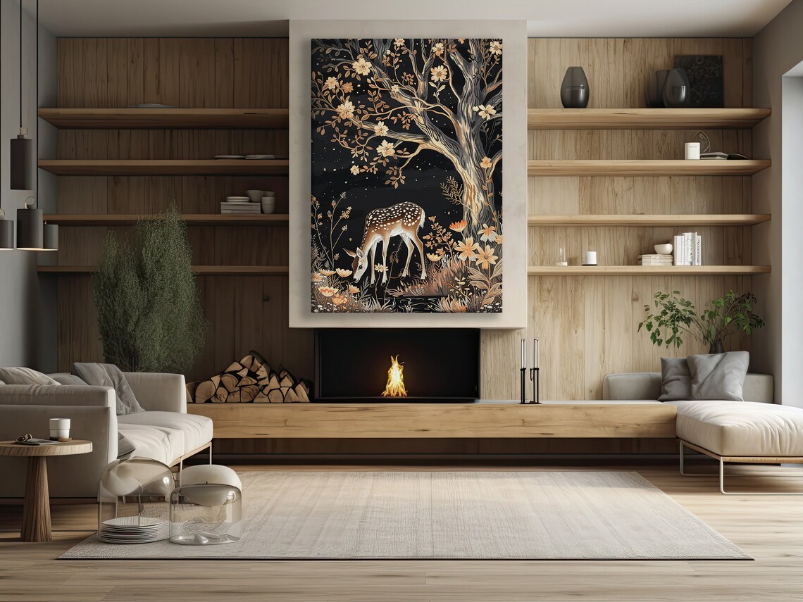 Spotted Fawn Under Golden Blossom Tree Black Background Botanical Animal Art Poster - Image 4
