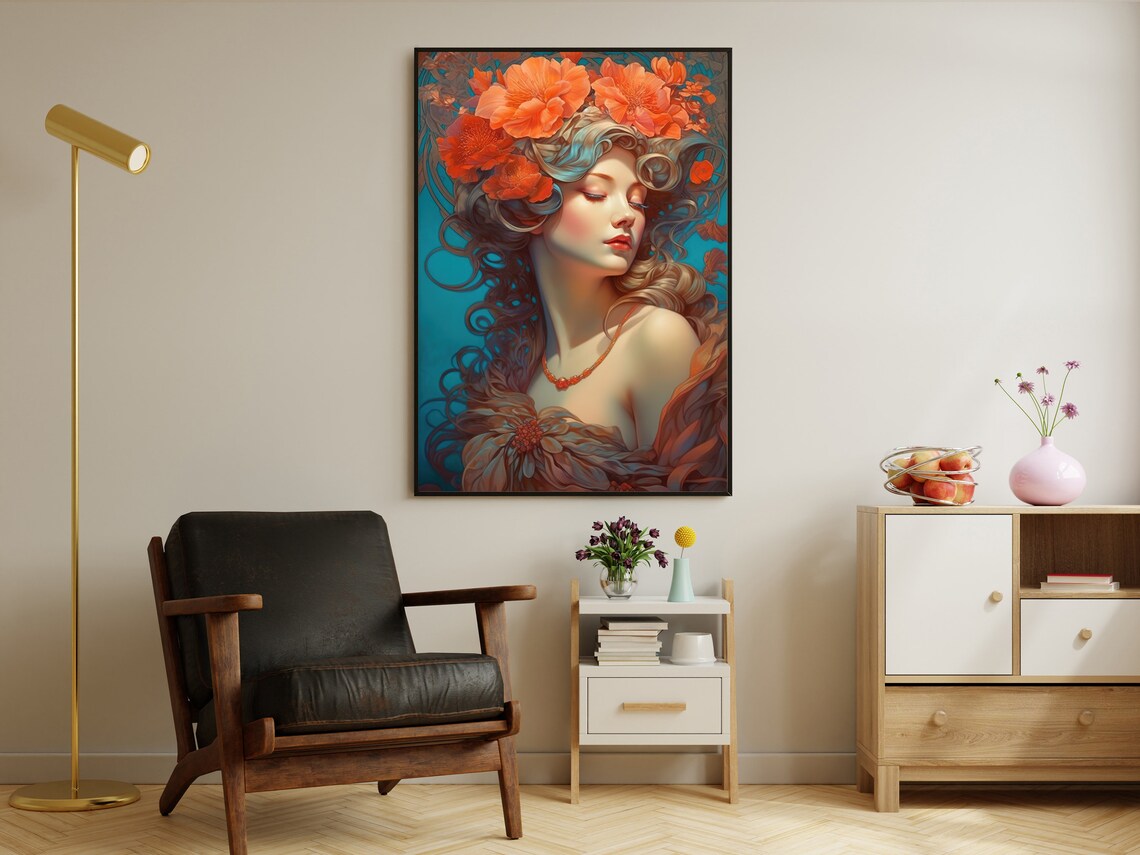 Art Nouveau Woman With Red Poppy Crown On Teal Background Poster - Image 2