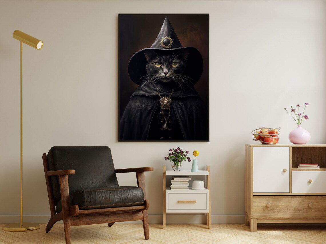 Black Cat Wizard Portrait Pointed Hat Mystical Gothic Halloween Magic Poster - Image 2